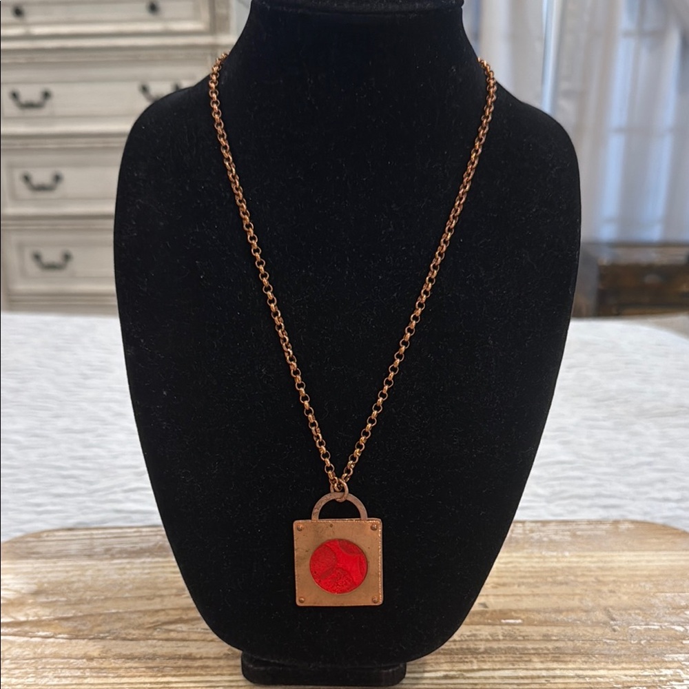 Vintage Copper Tone Red HD Long Pendant Statement Necklace